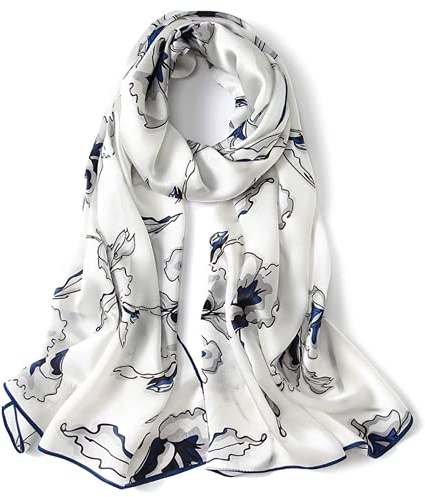 100% Mulberry Silk Long Scarf for Women Large Oblong Sunscreen Shawls Wraps Neck Headscarf Hair Wraps with Gift Packed (White+blue-black)