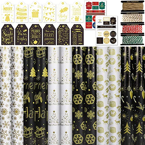 FullJoyHut Luxury Christmas Wrapping Paper Set, 12 Sheets Recycled Xmas Gift Wrap 70x50cm in Gold Snowflake Design with 12 Gift Tags, 24 Stickers, 4 Jute Twine Strings for Xmas Presents