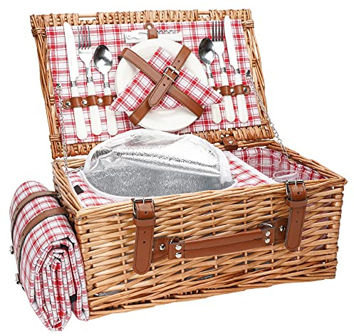 Cesta de mimbre para 2 personas con manta impermeable y compartimento aislado picnic para enfriar, cesta de sauce con kits de servicio de cubiertos para camping