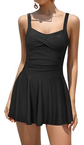 SHEKINI Women One Piece Swim Dress Twist Front Ruched Tummy Control