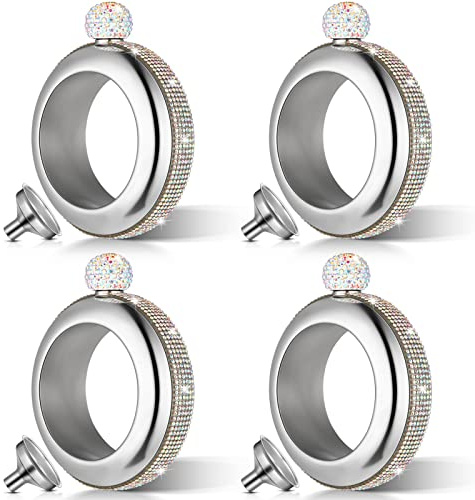 4 Set 3.5 oz Creative Bracelet Flask 304 Stainless Steel Bangle Flasks AB Crystal Flasks for Women with Rhinestones Lid Bangle Bracelet Flask Funnel for Party Flask Set (Silver)