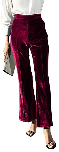 SEMATOMALA Women's Velvet Flare Work Pants High Waisted Dressy Office Elegant Business Casual Pull On Trousers WR-L Red