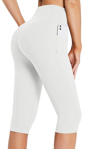 baleaf Knähöga caprileggings för kvinnor med fickor, caprishorts med hög midja, yoga vardaglig träning träning, 1-Vit, M