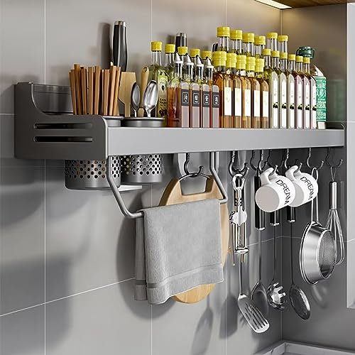 Hovoto Gewürzregal, Gewürzregal Hängend, GewürzregaleKüchenregal wand ohne Bohren, Gewürz Organizer mit Messerschlitz, Haken, Becher, Küchenregal Wand für Gewürze, grau, 40cm