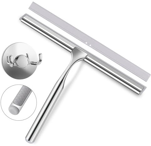 Ulinek Shower Squeegee, Window Squeegee with Strong Adhesive Hook, Stainless Steel Shower Screen Wiper with Replacement Blade, Cleaner Shower Scraper for Bathroom, Kitchen, Mirror and Car Glass