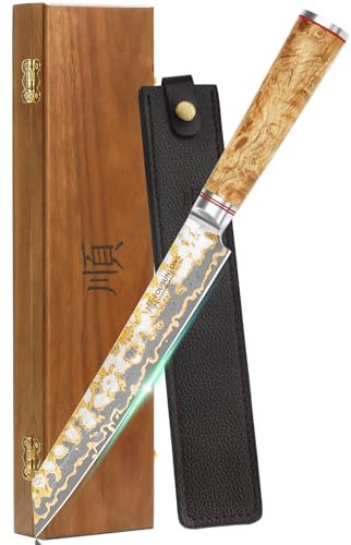 YOUSUNLONG Couteau à trancher Sujihiki - Couteau à Sashimi Sushi 205mm - Acier Damas Cuivre fait main - Couteaux à découper japonais Yanagiba - Manche en bois de ronce naturelle avec cuir