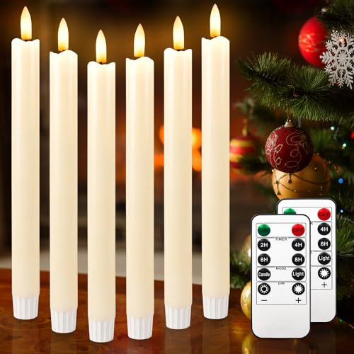 idyl light Candele coniche a LED senza fiamma con timer remoto 3D tremolante conico a batteria, confezione da 6 candele in vera cera, per decorazioni natalizie, casa, matrimoni (2,2 cm di larghezza x