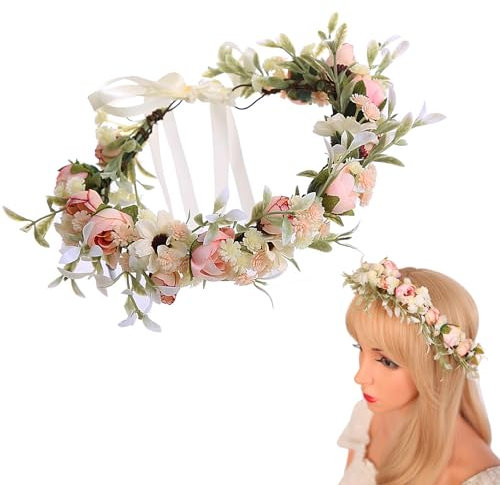 Norhogo Rose Blumenkranz Krone Stirnband, Blumen Stirnbänder Kopfschmuck, Blumenkrone Braut Stirnband Festival Hochzeit Damen, Verstellbarer Gürtel für Damen Hochzeit Zeremonie Festival Party Strand