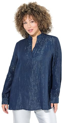 Ulla Popken Bluse, Metallic-Streifen, A-Linie, V-Ausschnitt, Langarm Blouse, Encre Bleue, 48-50 Femmes