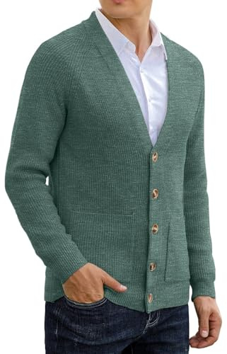 Sailwind Mens Long Sleeve Cardigan Autumn Chunky Knitted V Neck Button Cardigan Soft Cable Knit Sweater for Men (VG Green, S)