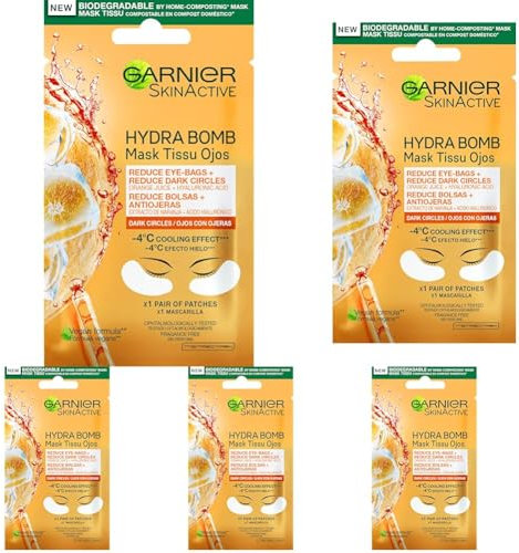GARNIER Skin Active Mascarilla de Tela Contorno de Ojos Anti-Fatiga y Anti-Ojeras con Ácido Hialurónico y Extracto de Naranja (Paquete de 5)