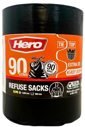 Hero Extra Strong Black Bin Bags, Refuse Sacks, Tie Top, 90 Litre, Pack of 90