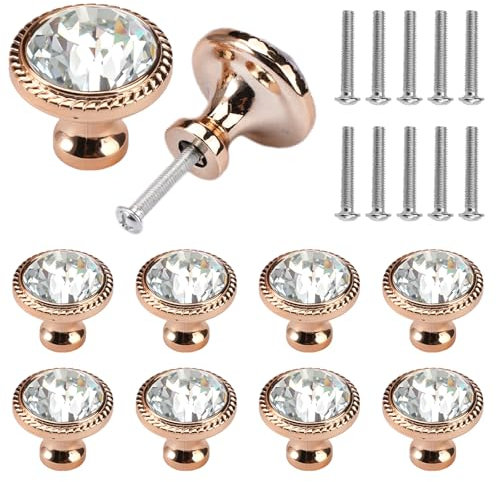 10 Pièces de 32 mm Boutons de Tiroir en Cristal, Bouton de Tiroir avec Vis, Bouton de Porte de Placard, Poignée Meuble de Porte Dorée, Poignee de Meuble pour Commodes, Armoires, Penderies et Tiroirs