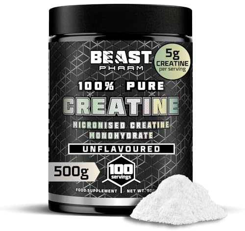 Beast Creatine Monohydrate Powder (500g) Full 5g Creatine per Scoop Easy Dissolve 100 Servings 100% Pure Micronised Powder for Strength and Muscles
