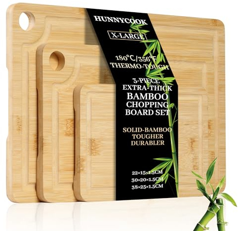 Hunnycook 3-Piece Wooden Chopping Board Extra Large Set - Bamboo Chopping Boards for Kitchen with Juice Grooves & Handles,Ideal for Carving Meat, Vegetables, Bread, Non-Toxic & Durable Cutting Board