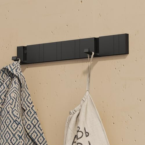 doporro Garderobenleiste Wandgarderobe mit 6 klappbaren Garderobenhaken, Aluminium Kleiderhaken Wand Schwarz, Hakenleiste mit Wandhaken für Jacken, Taschen, Flur, Bad und Küche, Wandgarderobe01-6Hs