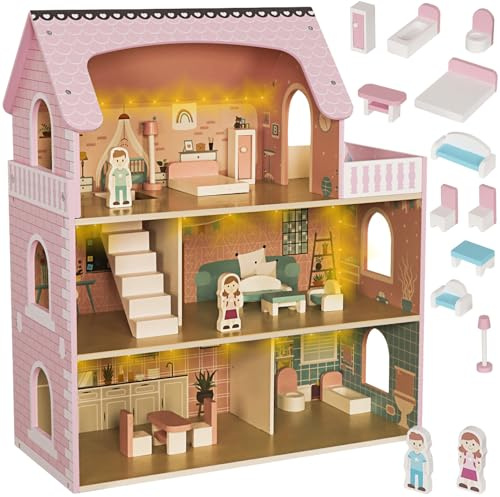 Casa de muñecas de Madera Grande con luz LED cálida – 3 Plantas, 5 estancias y balcón – con Muebles y Accesorios – 70 cm – Juguete Creativo para niñas y niños – KRUZZEL
