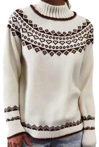 Generisch Women's Norwegian jumper with stand-up collar, traditional Iceland sweater with heart and diamond pattern, winter wool white knitted jumper