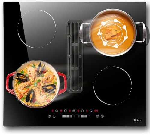Hobsir Induction Hob with Extractor Hood, Built-in Electric Hob 4 Burners | Boost, Slider Touch, Timer, Child-Safety Lock, Pause Function, 60 cm, 6400W, 220-240V