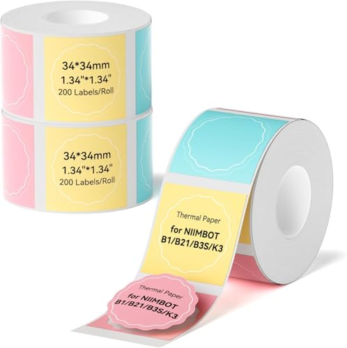 NIIMBOT 3 Rolls Labels Stickers for B1/B2/B21/B3/K2/K3/K4 Printers | Waterproof & Wear-Resistant Thermal Labels with Easy-Peel Design – 34×34mm, 200Pcs/Roll for Office, Commercial & Business