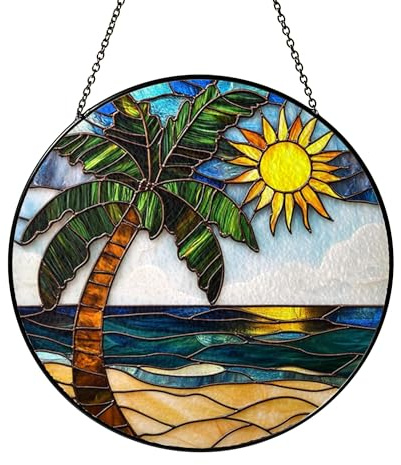 Tropical Sunset Stained Glass Pattern Design File, Beach and Ocean Palm Tree Art Template, Decorative Stained Glass Style Window Suncatcher Pattern, Digital Download for Glass Art Projects