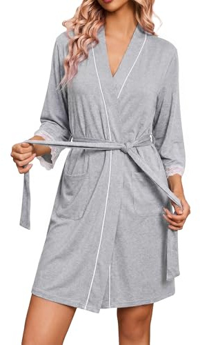 Ocextami Womens Dressing Gown Lightweight Lace Cuff Summer Robes 3/4 Sleeve Ladies Short Bathrobe With Pockets Spa Hotel Loungewear S-XXL