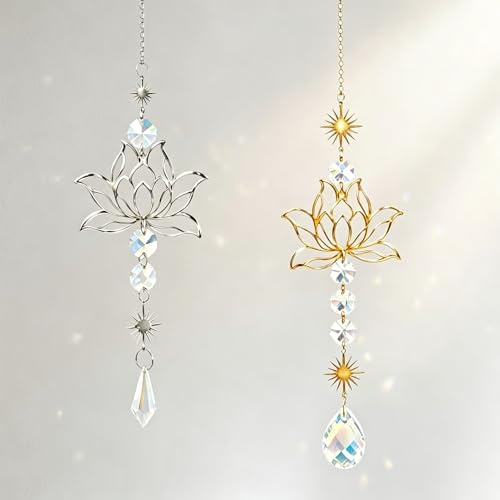 2Pièces Attrape-Soleil en Forme de Fleur de Lotus avec Prisme en Cristal Suspendu, Attrape Soleil, suncatcher, Sun Catcher, décoration élégante pour fenêtre, Bureau ou Voiture, Facile Installer