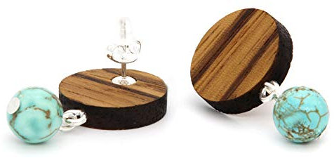 NaturSchatulle Holzschmuck Holzohrringe Naturstein-Perle türkis I 925 Sterling Silber Ohrstecker Ohrringe Holz Damen Ohrschmuck Zebrano