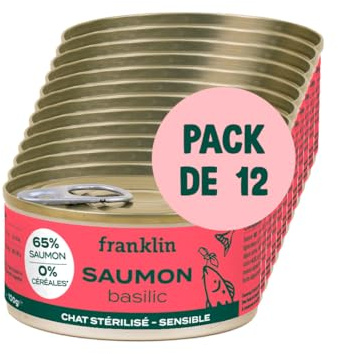 Franklin – Pâtées Chat – 12x100g – Brillance du Poil – 66% de Poisson – Saumon, Basilic
