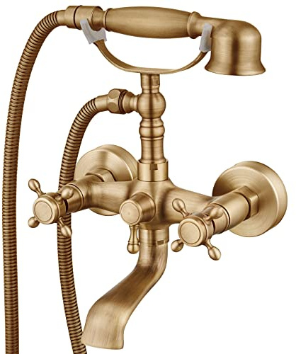 Aolemi Tub Taps Wall Mount Brass with Handheld Sprayer Antique Brass Tub Shower Taps Vintage Double Cross Handle Swivel Spout Mixer Taps for Bathroom Telephone Shaped Shower Set