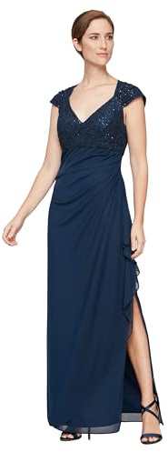 Alex Evenings Women's Stretch Sequin Bodice Empire Waist Long Dress, Navy Corded Lace, 14