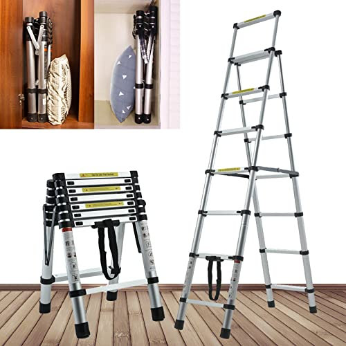 6+7 Aluminum Telescopic Folding Step Ladder 6.5FT Heavy Duty Telescoping Ladder 330lb Max Load Portable Multi-Purpose Meticulous Folding Ladder with Handrails Safety Lock Anti-slip Widened Pedal