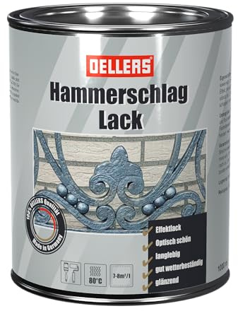 OELLERS 3 in 1 Hammerschlaglack, 1 Liter gold, Grundierung + Rostschutz + Effektlack in Hammerschlagoptik, geeignet für nahezu alle Metallarten