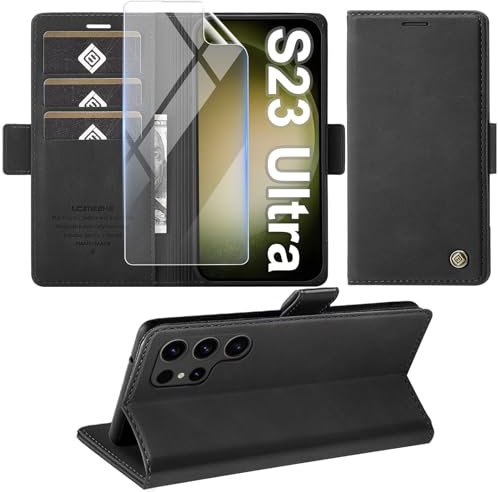 Handyhülle für Samsung Galaxy S23 Ultra Hülle mit Schutzfolie, Standfunktion Kartenfach Wallet Premium Leder Schutzhülle Flip Case Cover Klapphülle S23 Ultra 6.8 Zoll (Schwarz)