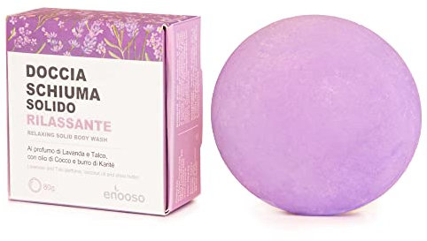 Enooso - Docciaschiuma Solido Bio RILASSANTE per purificare la pelle - con Lavanda e Talco - Bagnoschiuma 100% Vegano Artigianale Naturale - Made in Italy - 80 gr