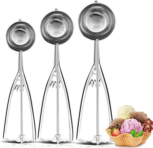 Cucchiaino per gelato, 3 pezzi Porzionatori da Gelato Paletta in acciaio inox, piccolo 4 cm, medio 5 cm, grande 6 cm, cucchiaio per gelato con grilletto per frutta, gelato, biscotti