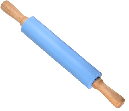 CoCud Silicone Rolling Pins, 17 Length, Silicone & Oak Non-Stick Ergonomic Wooden Handle Fondant Dough Roller Blue - (Applications: for Baking DIY Projects)