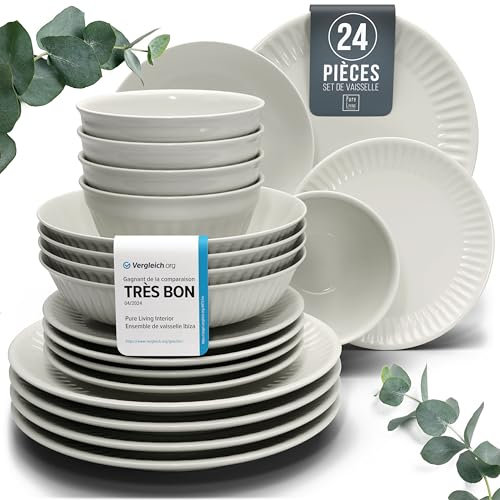 Steingut Geschirrset 6 Personen Hygge 24 tlg. TESTSIEGER, Traumhaftes Skandinavisches Steingut Geschirr Set, Schüssel- und Teller Set, Tafelservice 6 Personen, Geschirrsets Pure Living in Beige