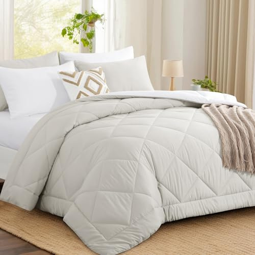 Aisbo Coverless Duvet Double 10.5 Tog - 200x 200cm, Beige Cosy and Lightweight Quilt, Reversible Comforter with 2 Pillowcases, Beige/White