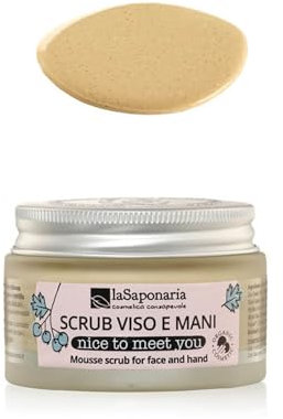 La Saponaria | Nice to meet you - Scrub Mousse Viso&Mani, Esfoliante viso e mani concentrato con rosa canina, rusco e acqua costituzionale di mirtillo, 45ml