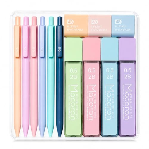 6 Pack 0.5mm Mechanical Pencil Set 240 Lead Refills 3 Erasers for School | Pastel Colour Design, Comfortable Ergonomic Grip, Smooth Click Mechanism, Transparent Storage Case, Precise Fine Line Drawing