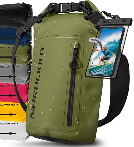 Nordlight Dry Bag Sacca Impermeabile + Custodia per Cellulare + Chiusura Arrotolabile, Tracolla | Zaino Impermeabile Sacca Stagna Borsa | Spiaggia, Canoa, SUP, Immersioni - Verde Oliva, 30 Litri
