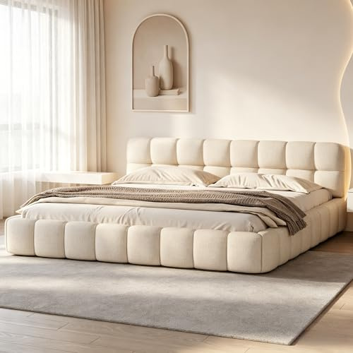 BRILVERDE Polsterbett 140x200 cm Bubble Bett, Doppelbett mit Weiches Kopfteil, Jugendbett, Bettgestell mit Lattenrost, Leinen, ohne Matratze (Beige, 140 x 200 cm)