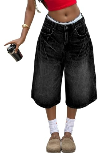 Jeans 3/4 pour femme - Pantalon baggy Y2k - Capri avec jambes larges - Denim - Pantalon pour femme - Streetwear hip hop - Jean déchiré - Jean d’été court - Pantalon à enfiler - Jogging - Jean