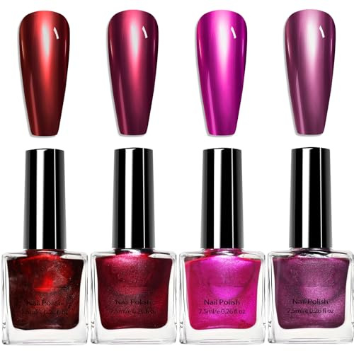 Metallic Nail Polish Set, 4 Colors Chrome Holographic Nail Polish, Dark Red, Burgundy, Purple Metal Chrome Nail Art Varnish, Quick Dry Mirror Nail Gel Manicure DIY Nail Art Salon Home For Women
