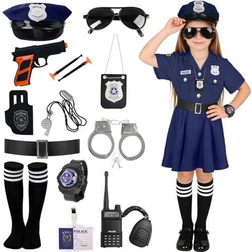 Kitimi Deguisement Polizia Bambina Costume Poliziotto con Cappello Walkie Talkie Fischietto Manette Costume Polizia Carnevale Bambino per Halloween Compleanno Carnevale Festa