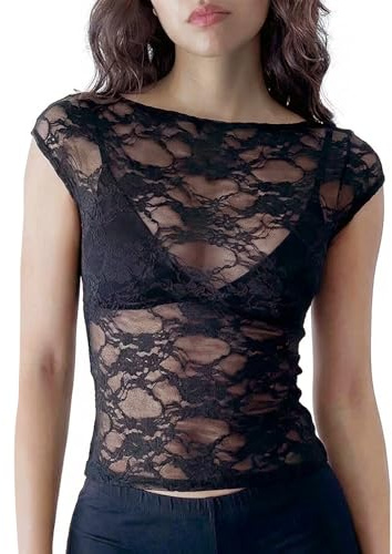 UJBVCX Camicia in Pizzo Camicie a Maniche Corte Sexy Top Corto Slim Fit Top per Festival e Feste