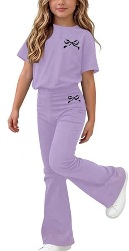 NSICBMNO Girls Tracksuit Kids Cute Bow Print Short Sleeve T Shirts And Flared Trousers Set 2 Piece Outfits Teens School Gym Street Dance Active Wear Casual Sweatsuit For 5-15 Years