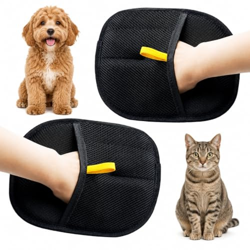2 Pack Pet Hair Removal Gloves Dog Cat Grooming Mitts Reversible | Double sided grooming mitts remove loose fur easily from pets, sofas and clothes with comfortable daily care.