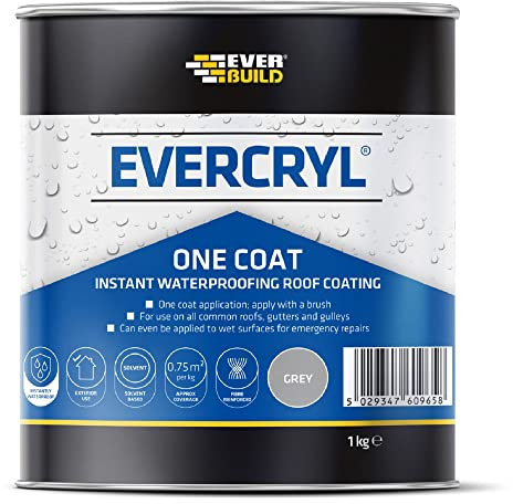 Everbuild Evercryl One Coat Instant Waterproofing – Suitable for Roofs, Gutters and Gulleys – Grey – 1kg